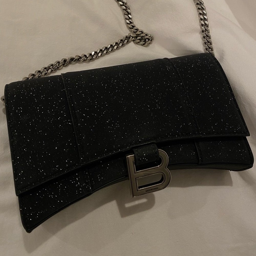 Balenciaga black sparkly hourglass wallet with chain